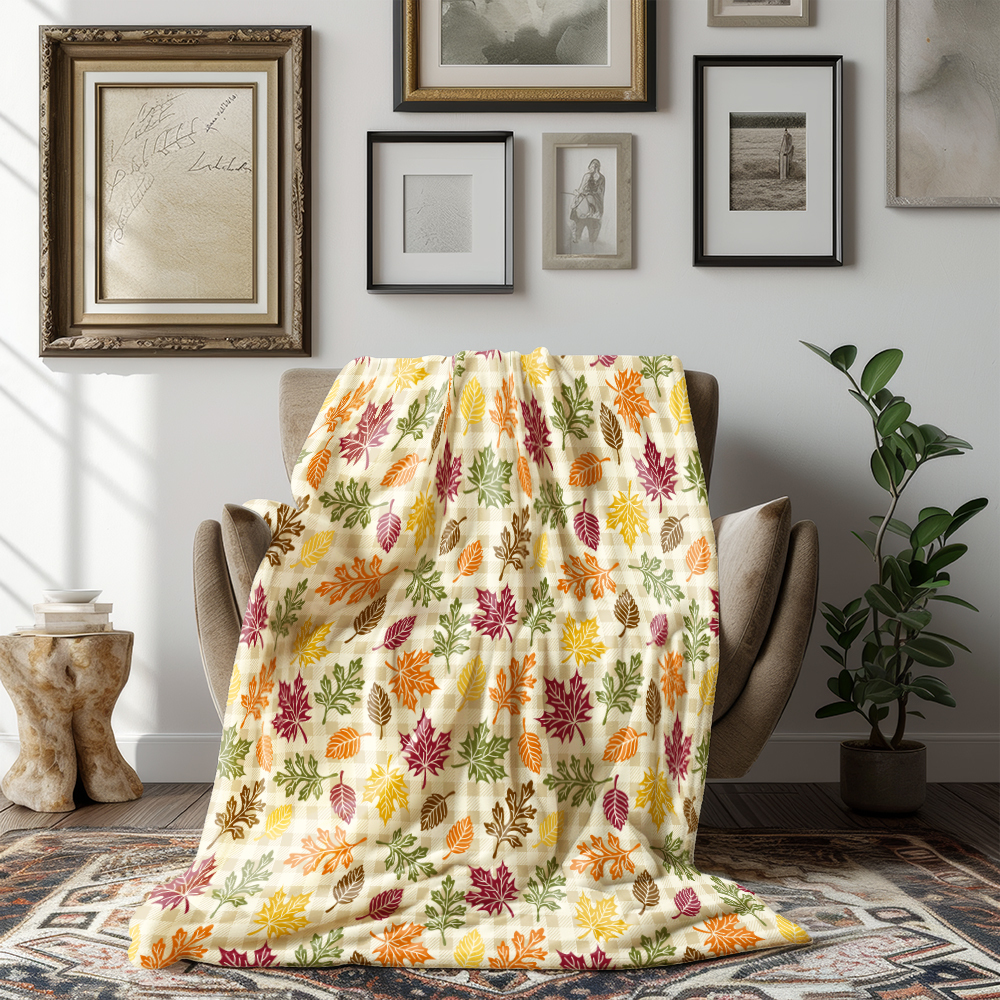 Throw Blanket – Fall Leaves Across Plaid Field Pattern Design