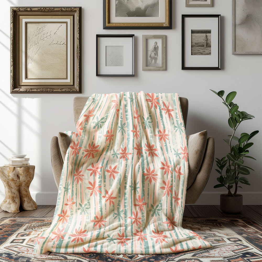 Throw Blanket – Painterly Woodblock Coral Pink and Mint Green Floral Print