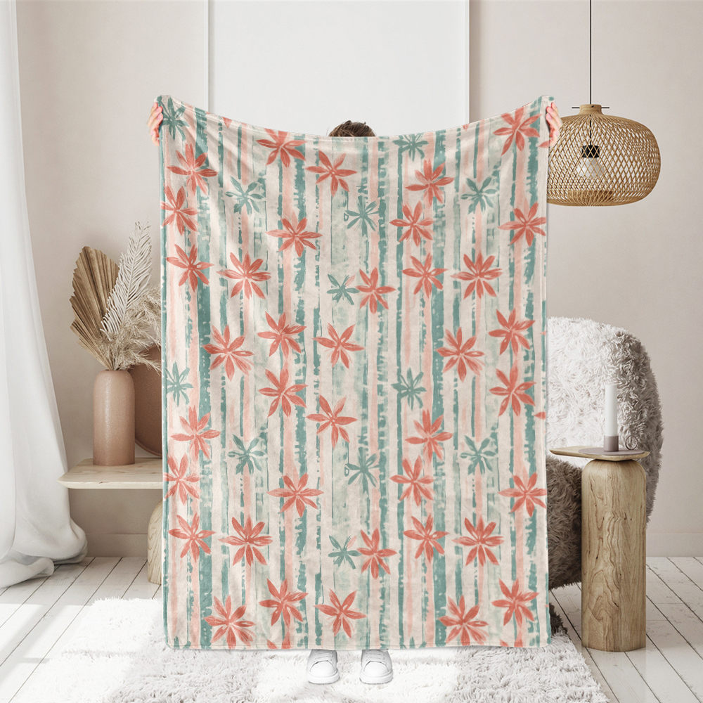 Throw Blanket – Painterly Woodblock Coral Pink and Mint Green Floral Print
