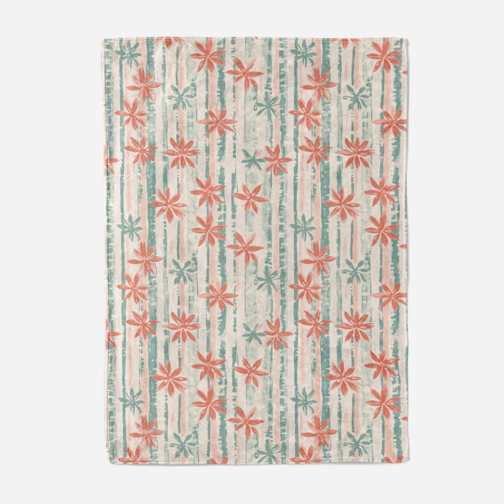 Throw Blanket – Painterly Woodblock Coral Pink and Mint Green Floral Print
