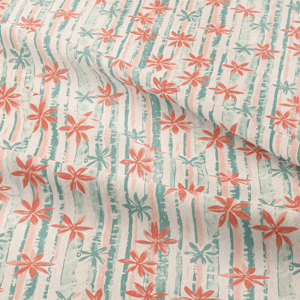 Coral Pink and Mint Green Woodblock Floral Stripe – Custom Print Fabrics