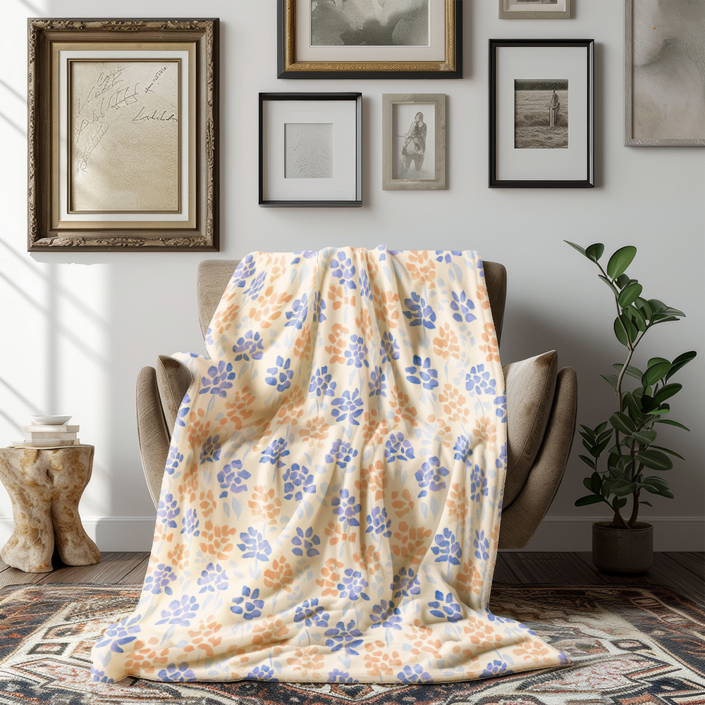 Throw Blanket – Hand Drawn Light Blue and Orange Small Flowers on Cream