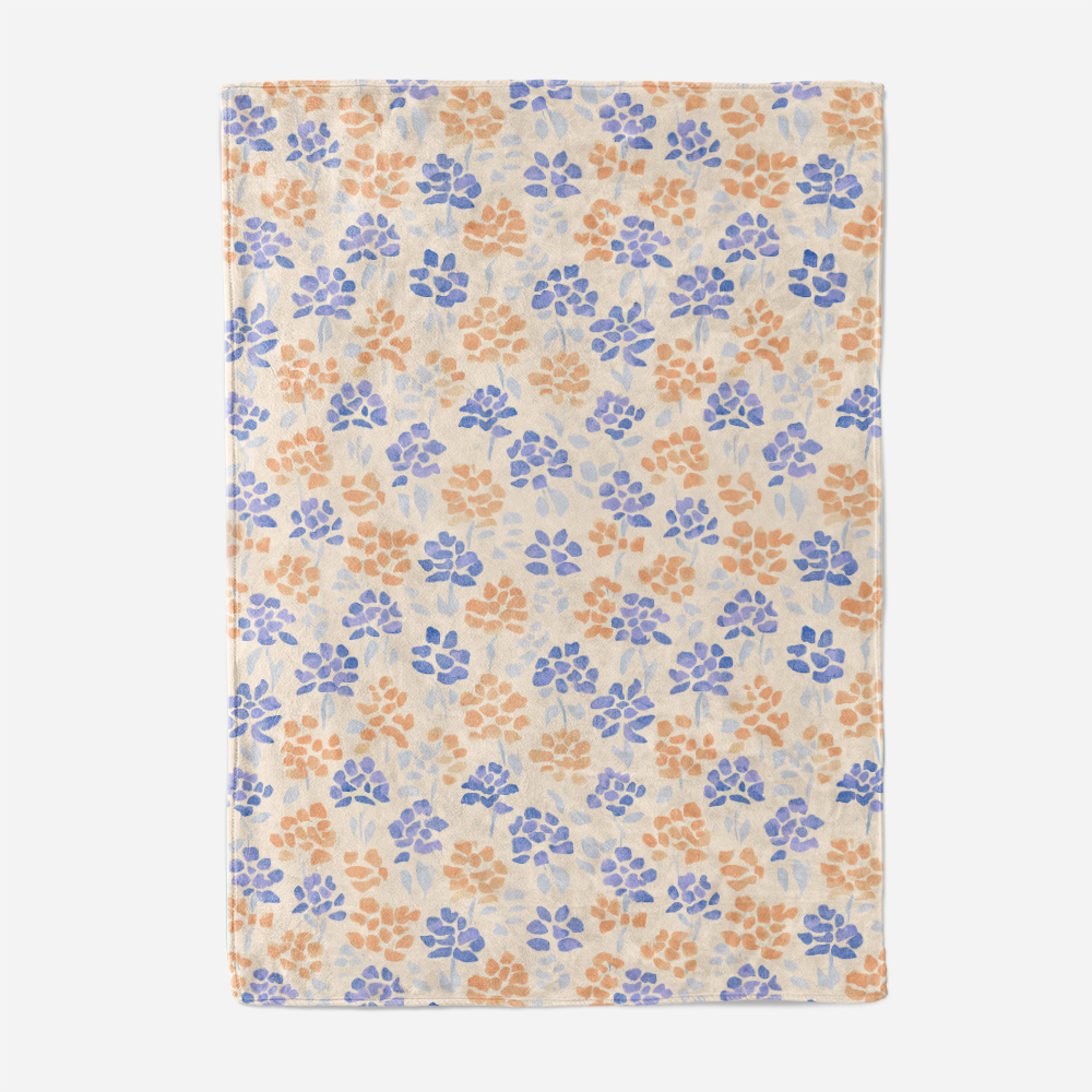 Throw Blanket – Hand Drawn Light Blue and Orange Small Flowers on Cream