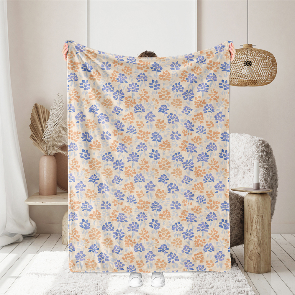 Blue and Orange Artisanal Floral on Cream Base – Custom Print Fabrics