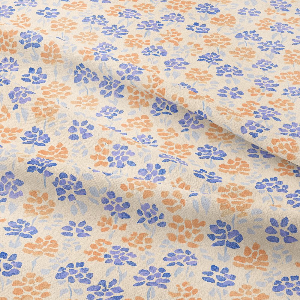 Blue and Orange Artisanal Floral on Cream Base – Custom Print Fabrics