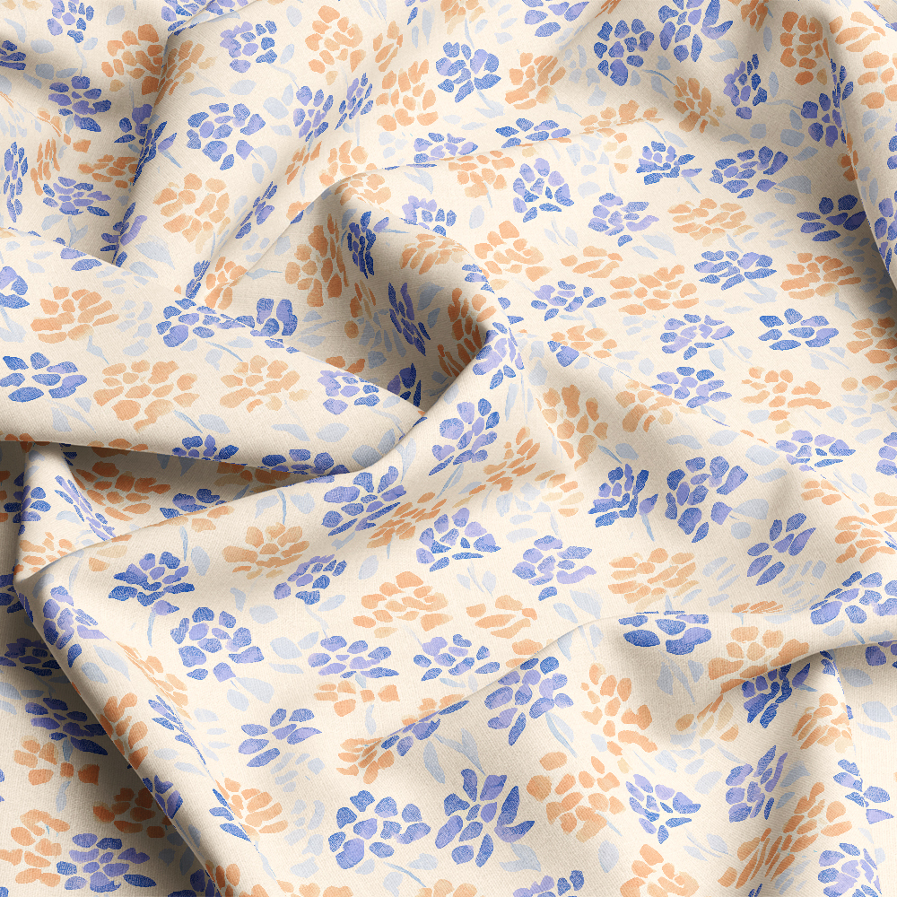 Blue and Orange Artisanal Floral on Cream Base – Custom Print Fabrics