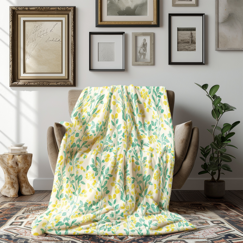 Throw Blanket – Romantic Lemon Yellow and Green Leaves Woodblock Design