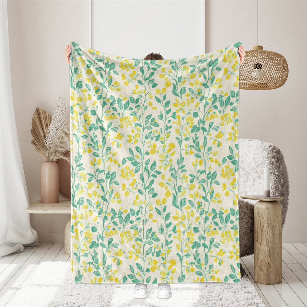 Throw Blanket – Romantic Lemon Yellow and Green Leaves Woodblock Design