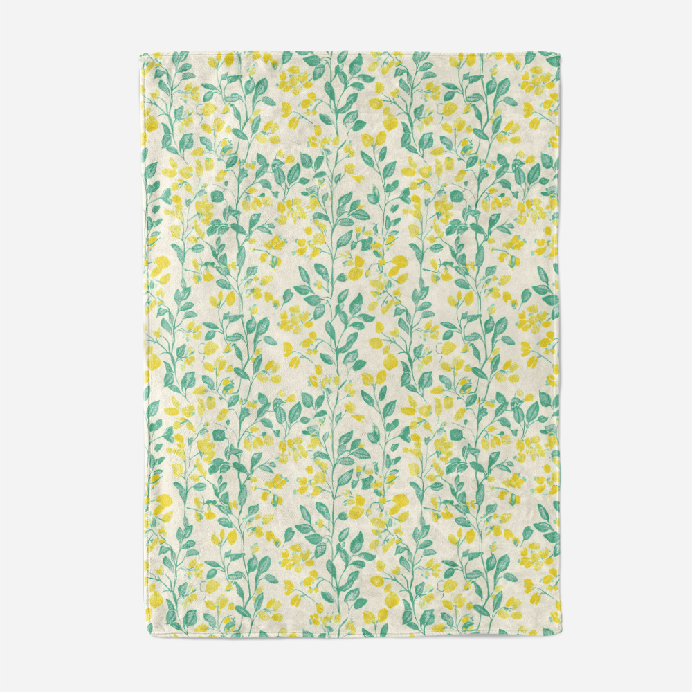 Throw Blanket – Romantic Lemon Yellow and Green Leaves Woodblock Design
