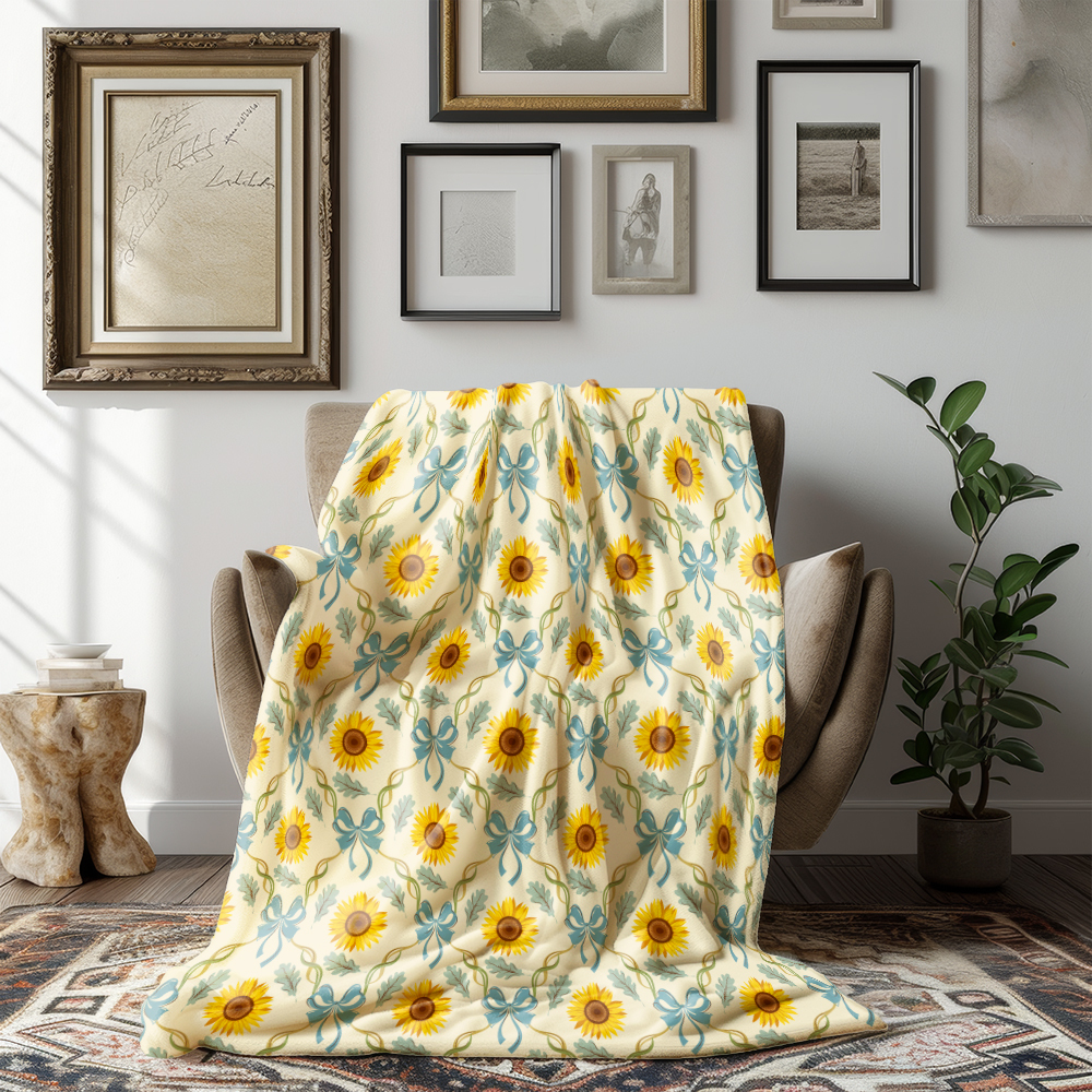 Throw Blanket – Sunflowers Paired with Blue Bows and Flowing Ribbon Elements