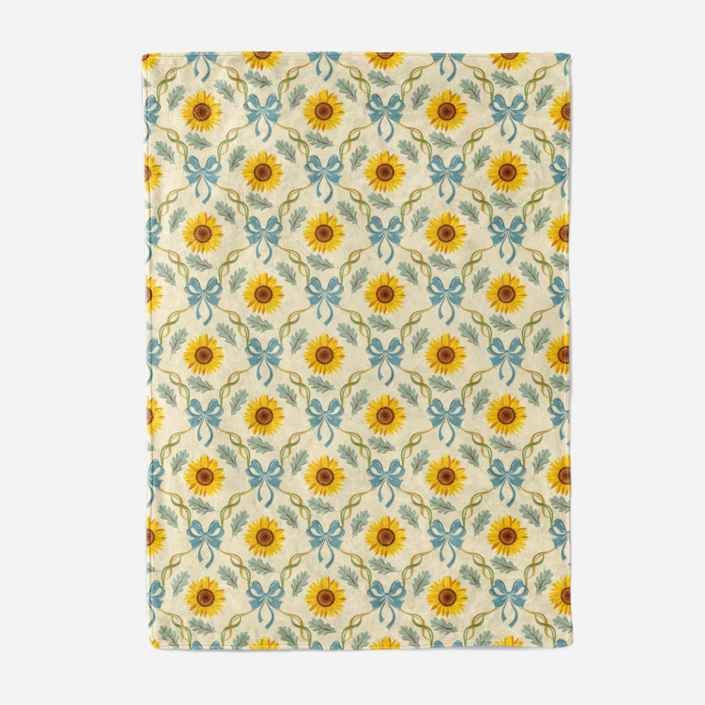 Throw Blanket – Sunflowers Paired with Blue Bows and Flowing Ribbon Elements