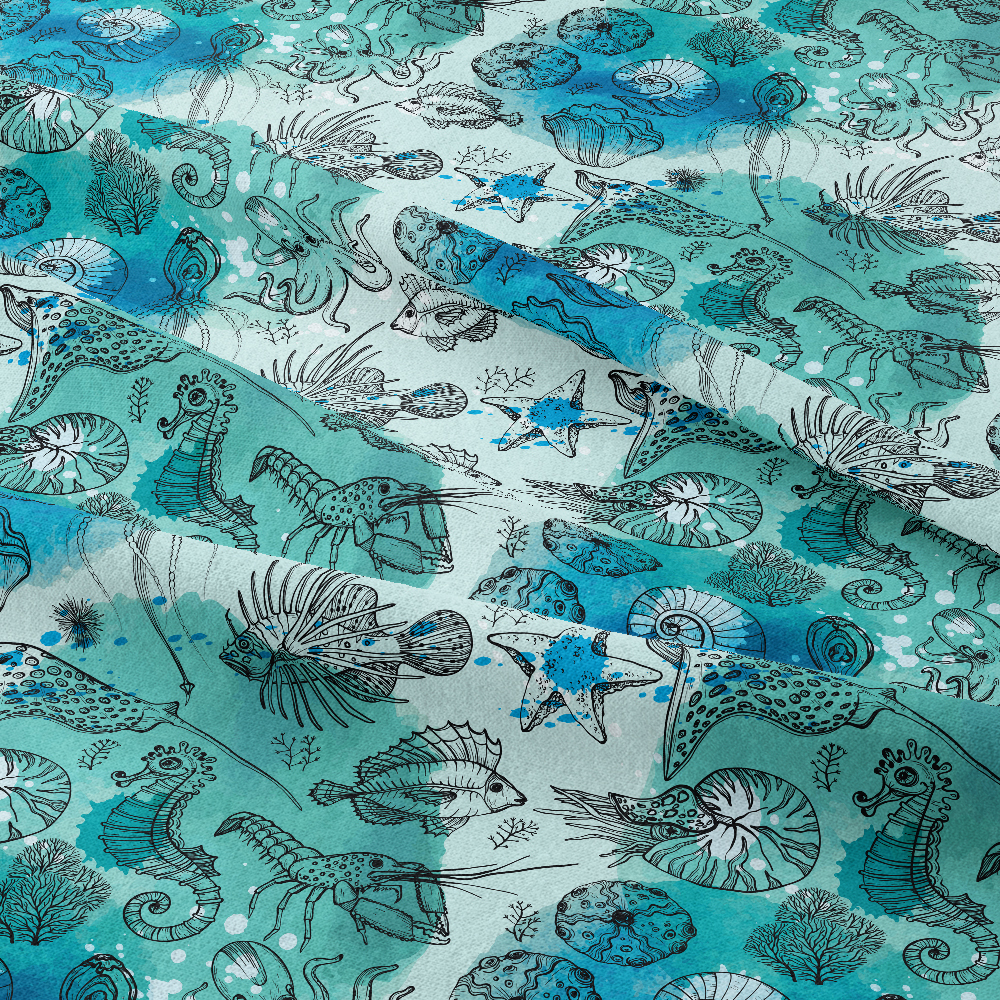 Sea Life Seamless Pattern With Watercolor Deepwater Living Organisms - Custom Print Fabrics