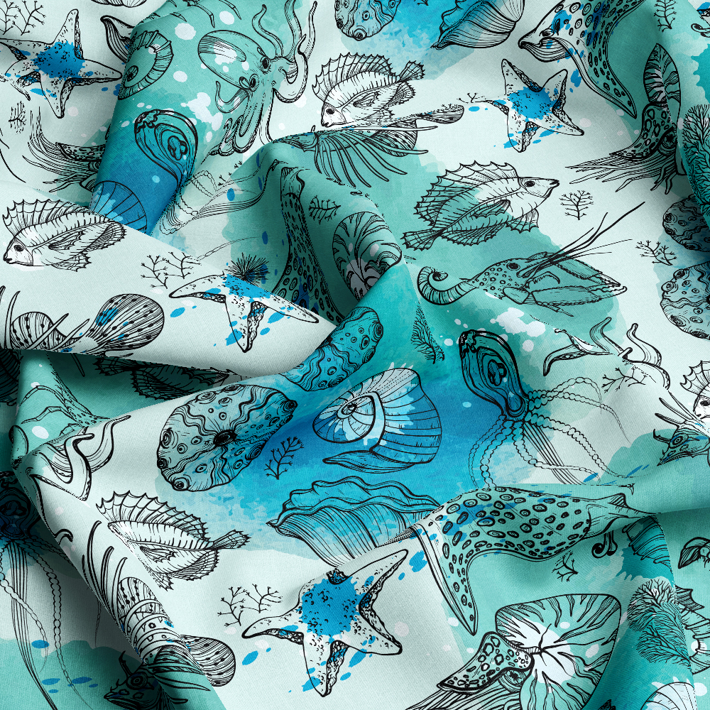 Sea Life Seamless Pattern With Watercolor Deepwater Living Organisms - Custom Print Fabrics