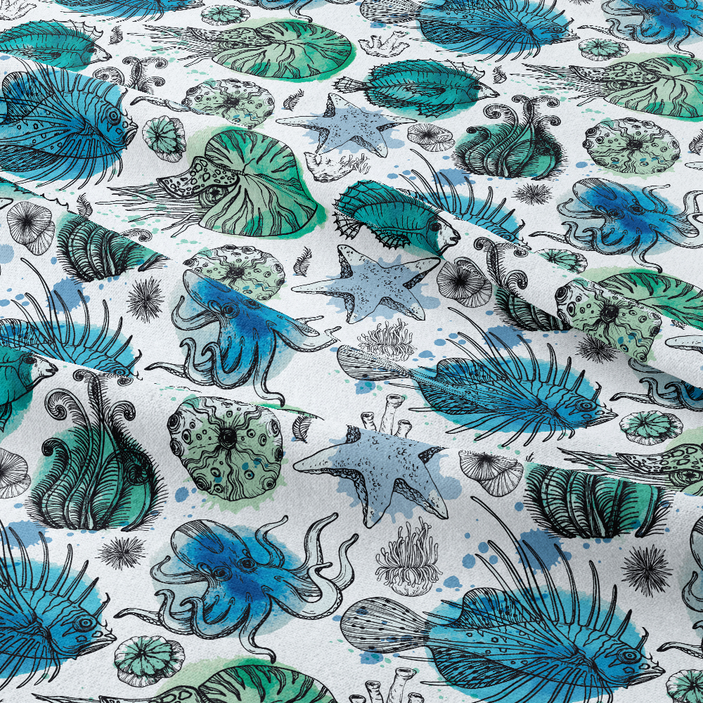 Sea Life Watercolor Deepwater Organisms | Custom Print Fabrics