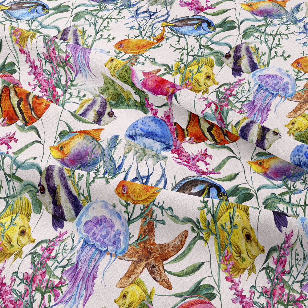 Watercolor Underwater Sea Life Fabric | Custom Print Jellyfish & Fish Pattern