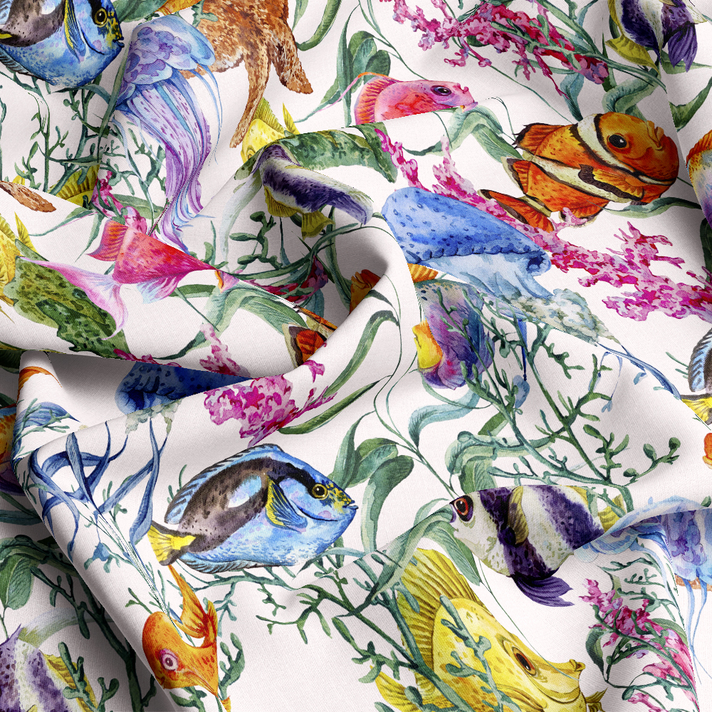 Watercolor Underwater Sea Life Fabric | Custom Print Jellyfish & Fish Pattern