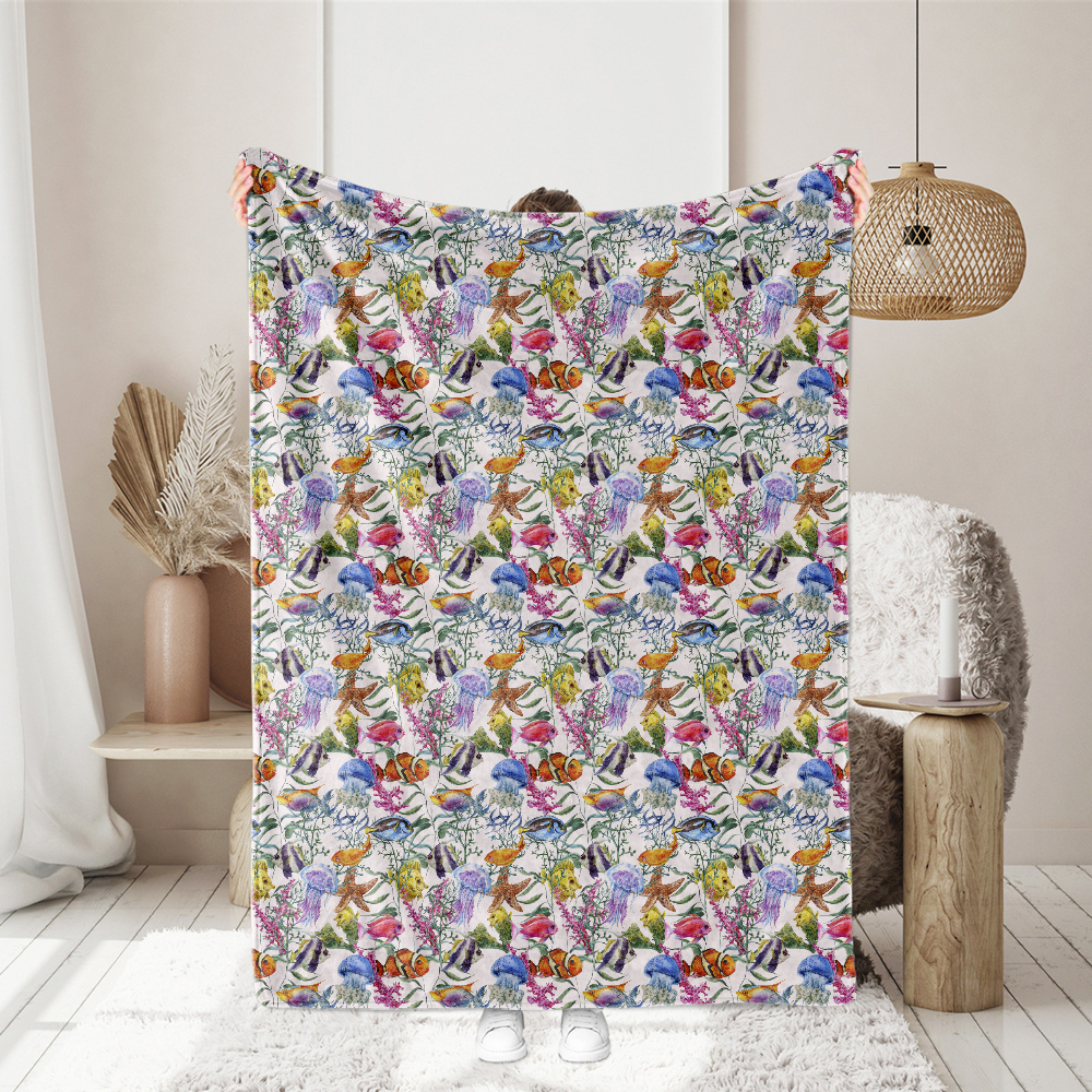 Watercolor Underwater Sea Life Fabric | Custom Print Jellyfish & Fish Pattern