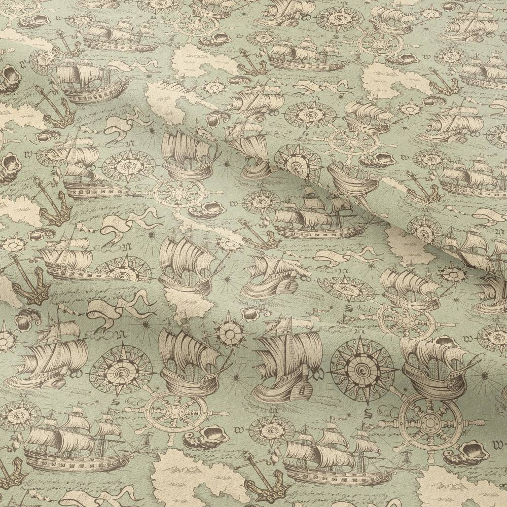 Vintage Hand - Drawn Sea Travels Adventures And Discoveries Map Seamless Pattern - Custom Print Fabrics