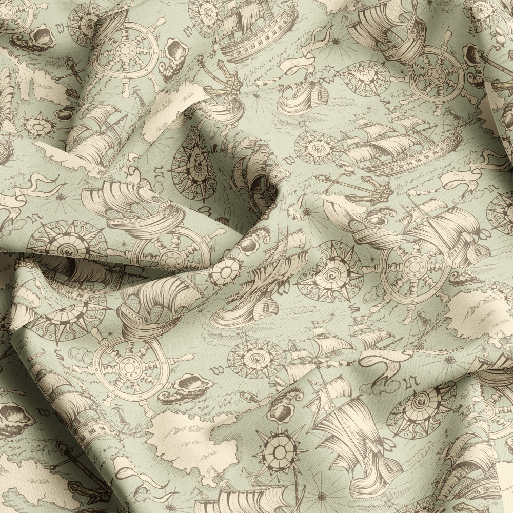 Vintage Hand - Drawn Sea Travels Adventures And Discoveries Map Seamless Pattern - Custom Print Fabrics