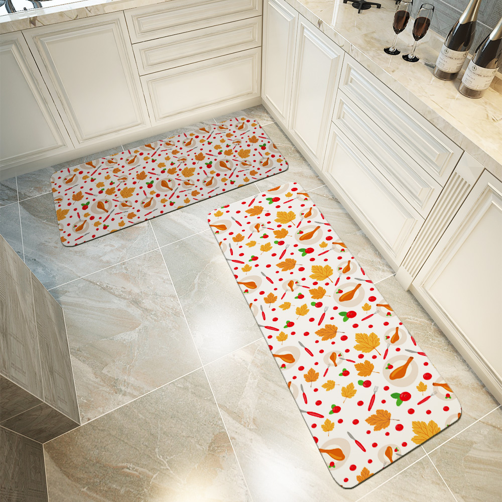 Kitchen Floor Mats – Vintage Sunflower with Blue Bows, Ribbons, and Green Leaves
