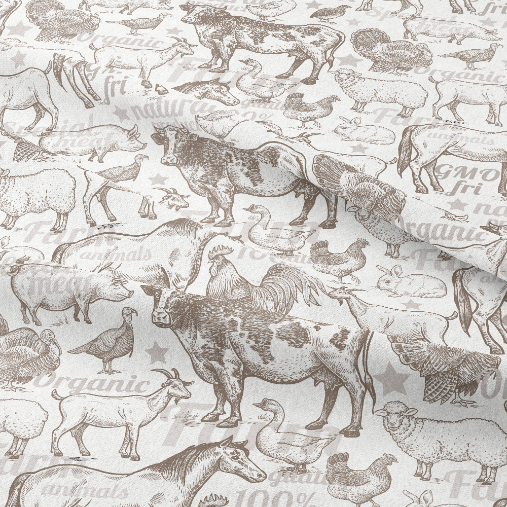 Farm Animals Cattle Horses Sheep Pigs Rabbits Poultry Monochrome - Custom Print Fabrics