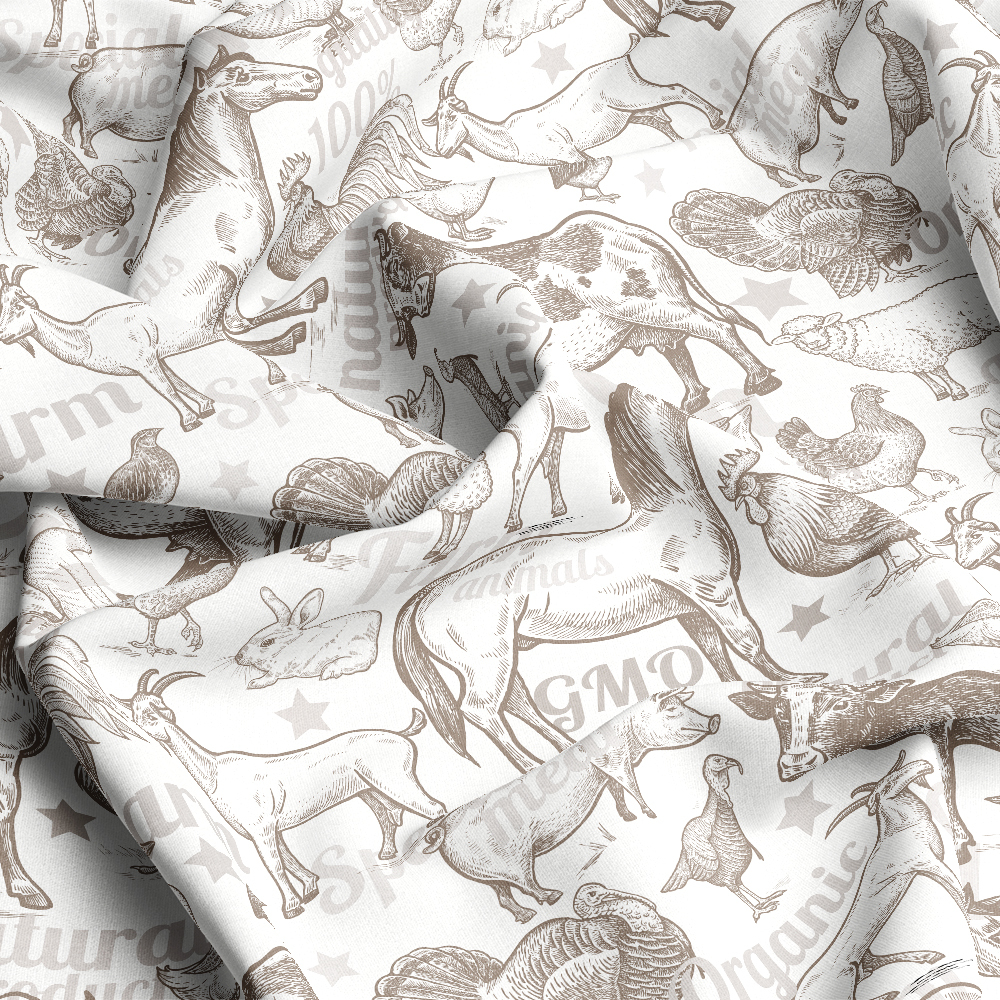 Farm Animals Cattle Horses Sheep Pigs Rabbits Poultry Monochrome - Custom Print Fabrics