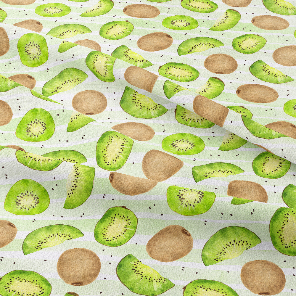 Kiwi Fruit On Light Green Striped Background Hand Drawn Watercolor Seamless Pattern - Custom Print Fabrics