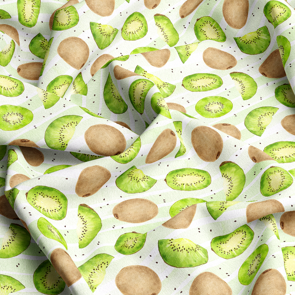 Kiwi Fruit On Light Green Striped Background Hand Drawn Watercolor Seamless Pattern - Custom Print Fabrics