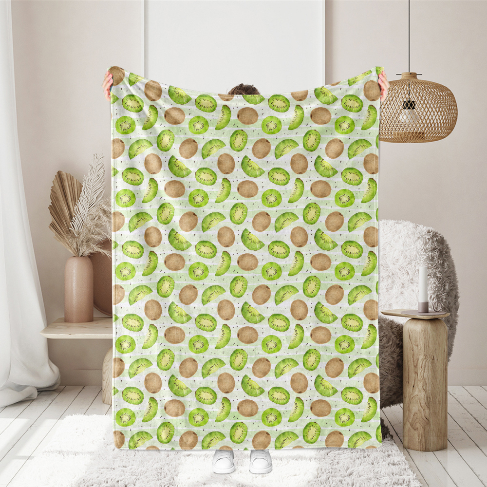 Kiwi Fruit On Light Green Striped Background Hand Drawn Watercolor Seamless Pattern - Custom Print Fabrics