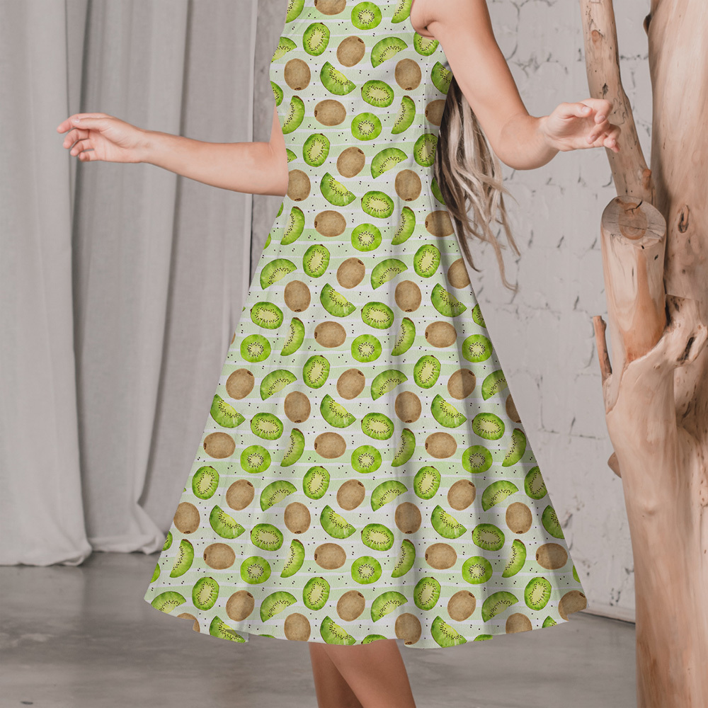 Kiwi Fruit On Light Green Striped Background Hand Drawn Watercolor Seamless Pattern - Custom Print Fabrics