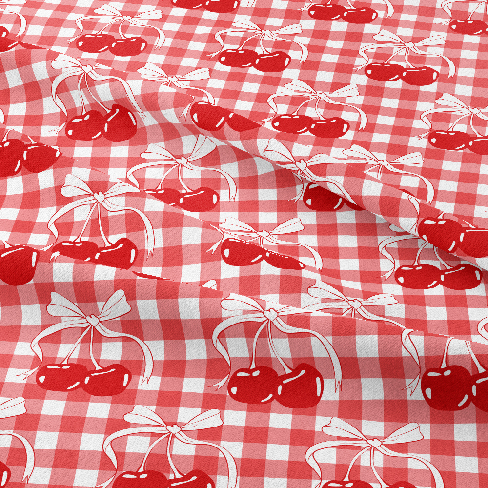 Cherry and Bow on Checkered Background Seamless Pattern - Custom Print Fabrics