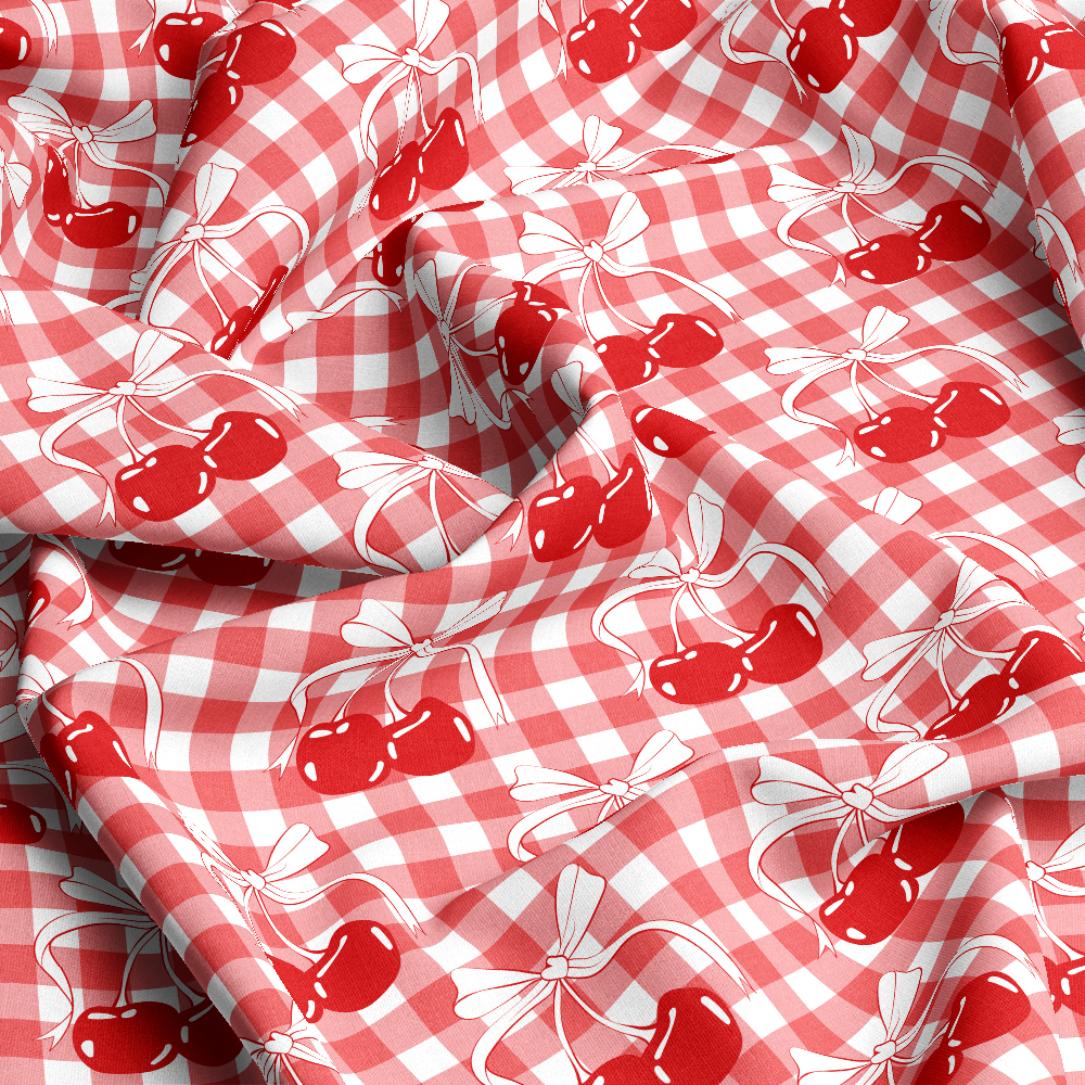 Cherry and Bow on Checkered Background Seamless Pattern - Custom Print Fabrics