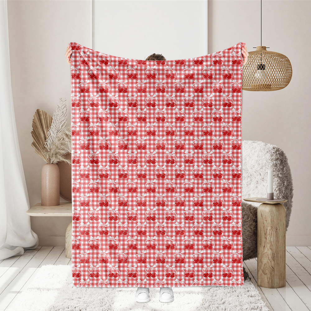 Cherry and Bow on Checkered Background Seamless Pattern - Custom Print Fabrics