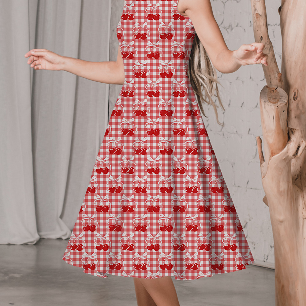 Cherry and Bow on Checkered Background Seamless Pattern - Custom Print Fabrics
