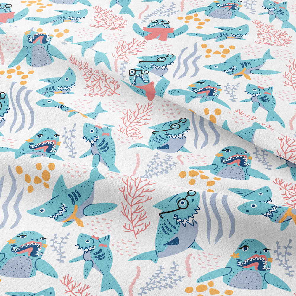 Cute Cartoon Graffiti Sharks With Glasses Seamless Pattern, Custom Print Fabrics