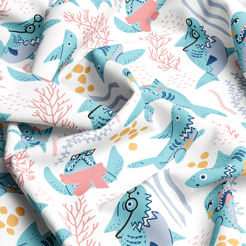 Cute Cartoon Graffiti Sharks With Glasses Fabric - Custom Print Fabrics