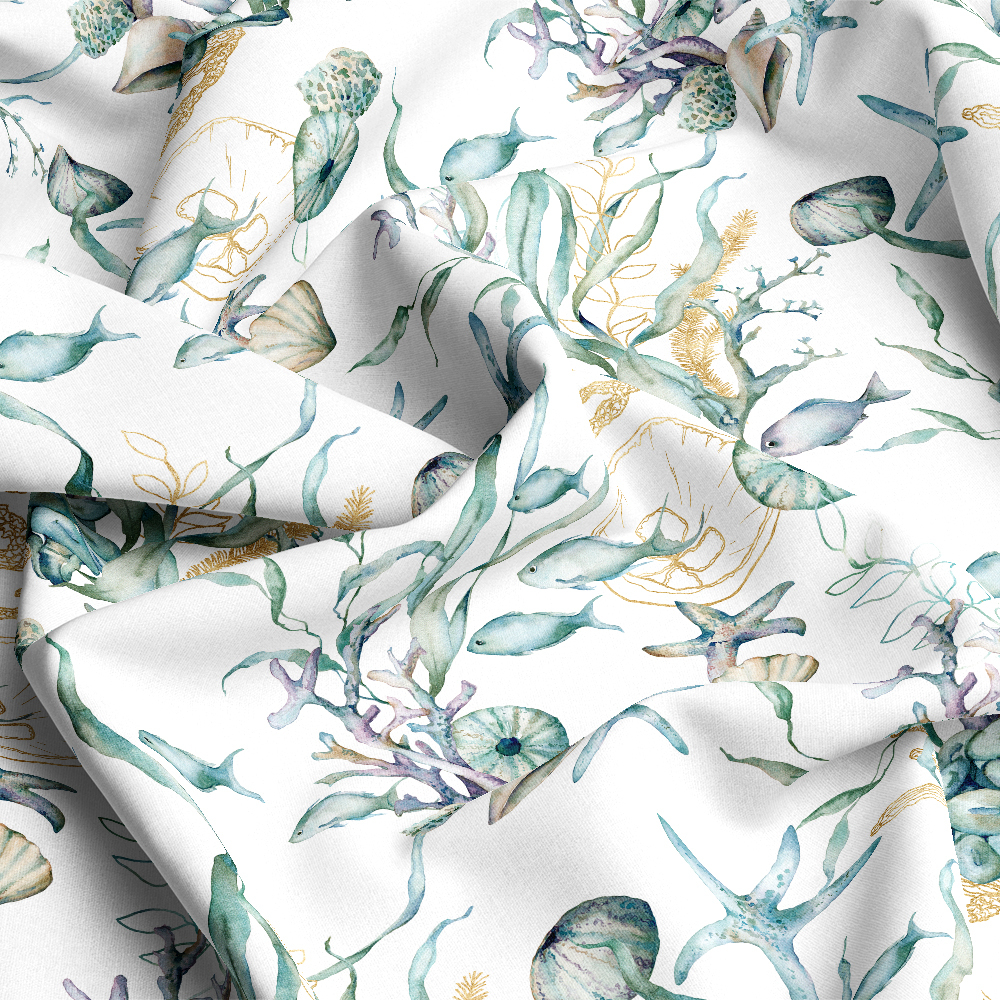 Watercolor Underwater Seamless Pattern Of  Seaweed And Coral - Custom Print Fabrics