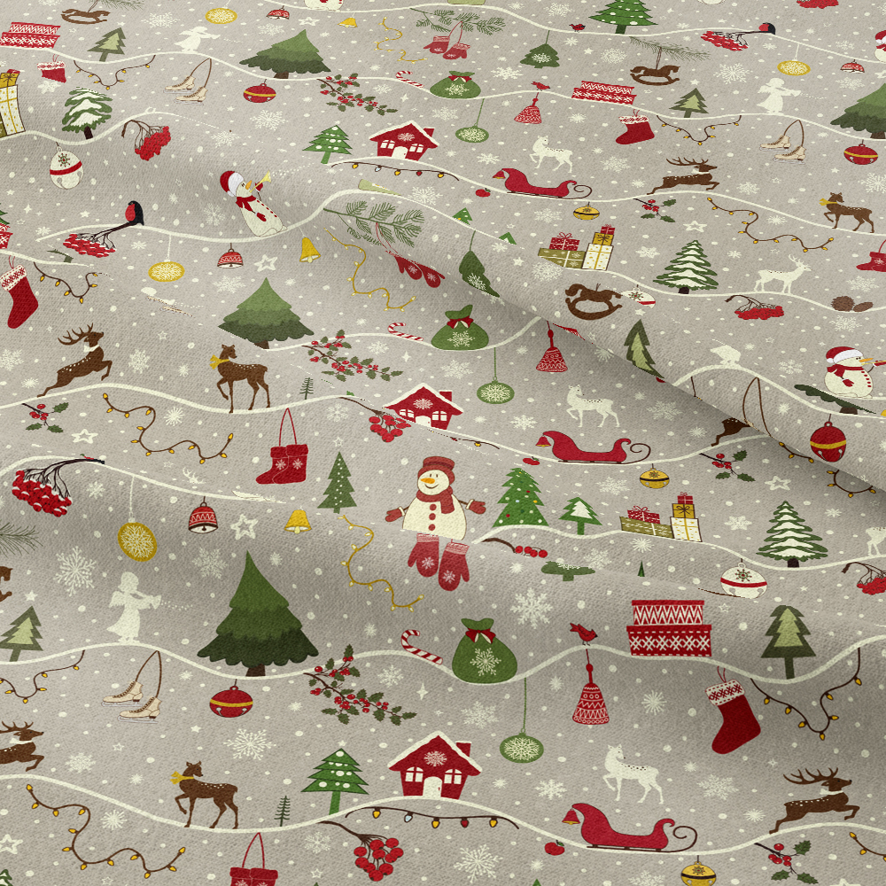 Christmas Firs Sledges Gloves Presents Snowmen Snowflakes Seamless Patten on Grey Background - Custom Print Fabrics