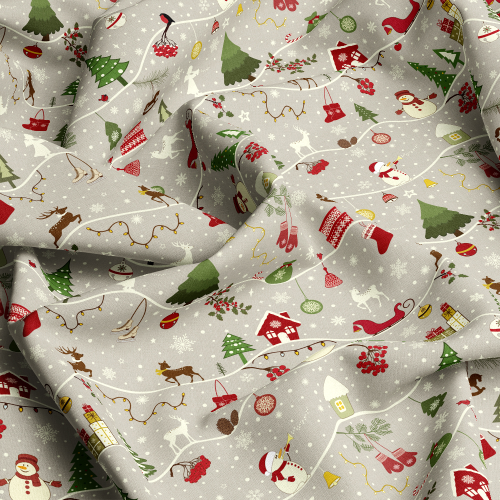 Christmas Firs Sledges Gloves Presents Snowmen Snowflakes Seamless Patten on Grey Background - Custom Print Fabrics