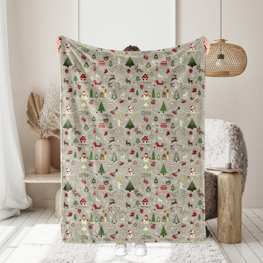 Christmas Firs Sledges Gloves Presents Snowmen Snowflakes Seamless Patten on Grey Background - Custom Print Fabrics