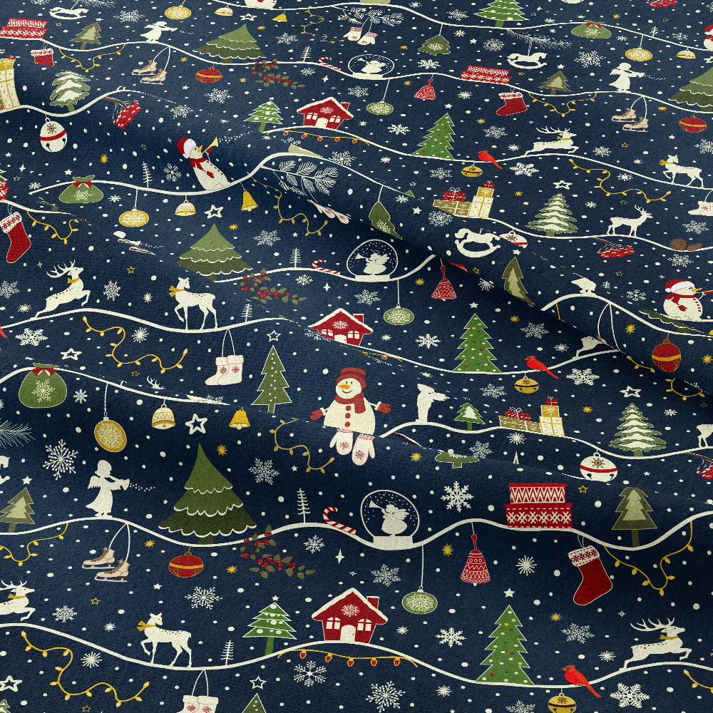 Christmas Firs Sledges Gloves Presents Snowmen Snowflakes Seamless Patten on Dark Blue Background - Custom Print Fabrics