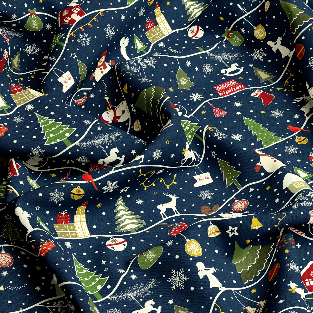 Christmas Firs Sledges Gloves Presents Snowmen Snowflakes Seamless Patten on Dark Blue Background - Custom Print Fabrics