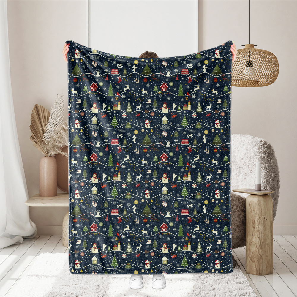 Christmas Firs Sledges Gloves Presents Snowmen Snowflakes Seamless Patten on Dark Blue Background - Custom Print Fabrics