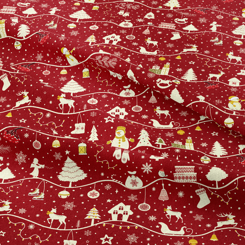 Christmas Firs Sledges Gloves Presents Snowmen Snowflakes Seamless Patten on Red Background - Custom Print Fabrics