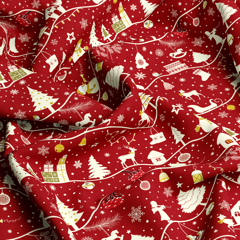 Christmas Firs Sledges Gloves Presents Snowmen Snowflakes Seamless Patten on Red Background - Custom Print Fabrics