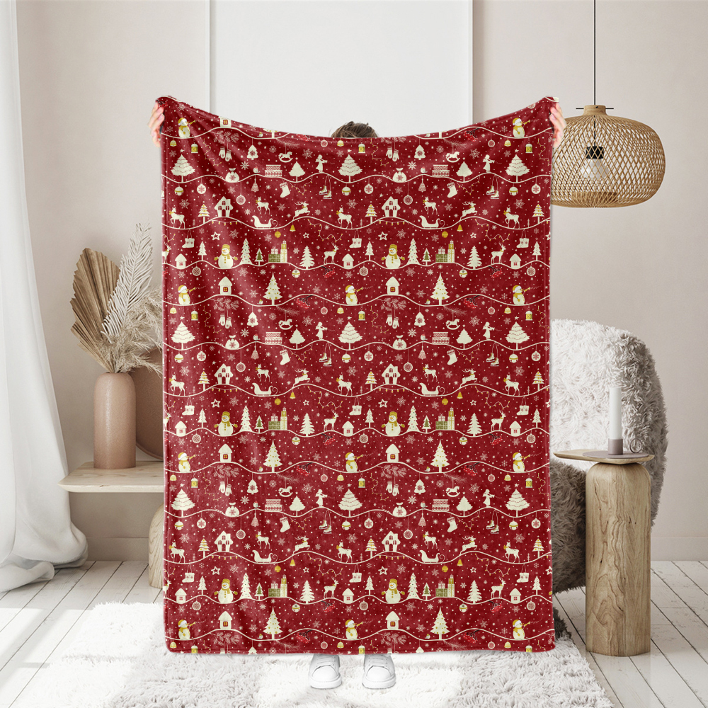 Christmas Firs Sledges Gloves Presents Snowmen Snowflakes Seamless Patten on Red Background - Custom Print Fabrics