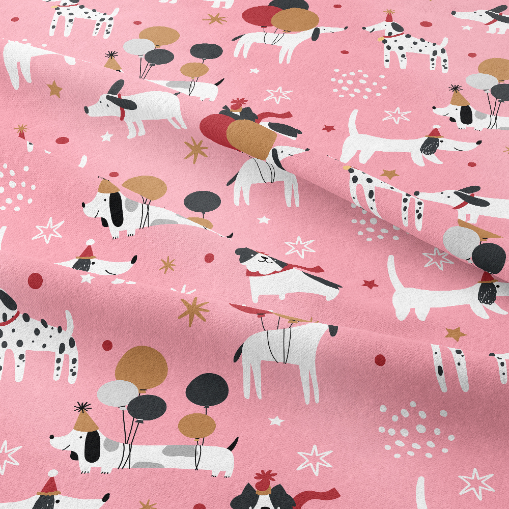 Puppy Dogs Flying Balloon on Pink Background Fabric - Custom Print Fabrics