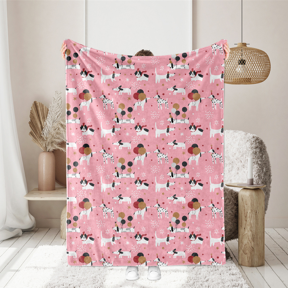 Puppy Dogs Flying Balloon on Pink Background Fabric - Custom Print Fabrics