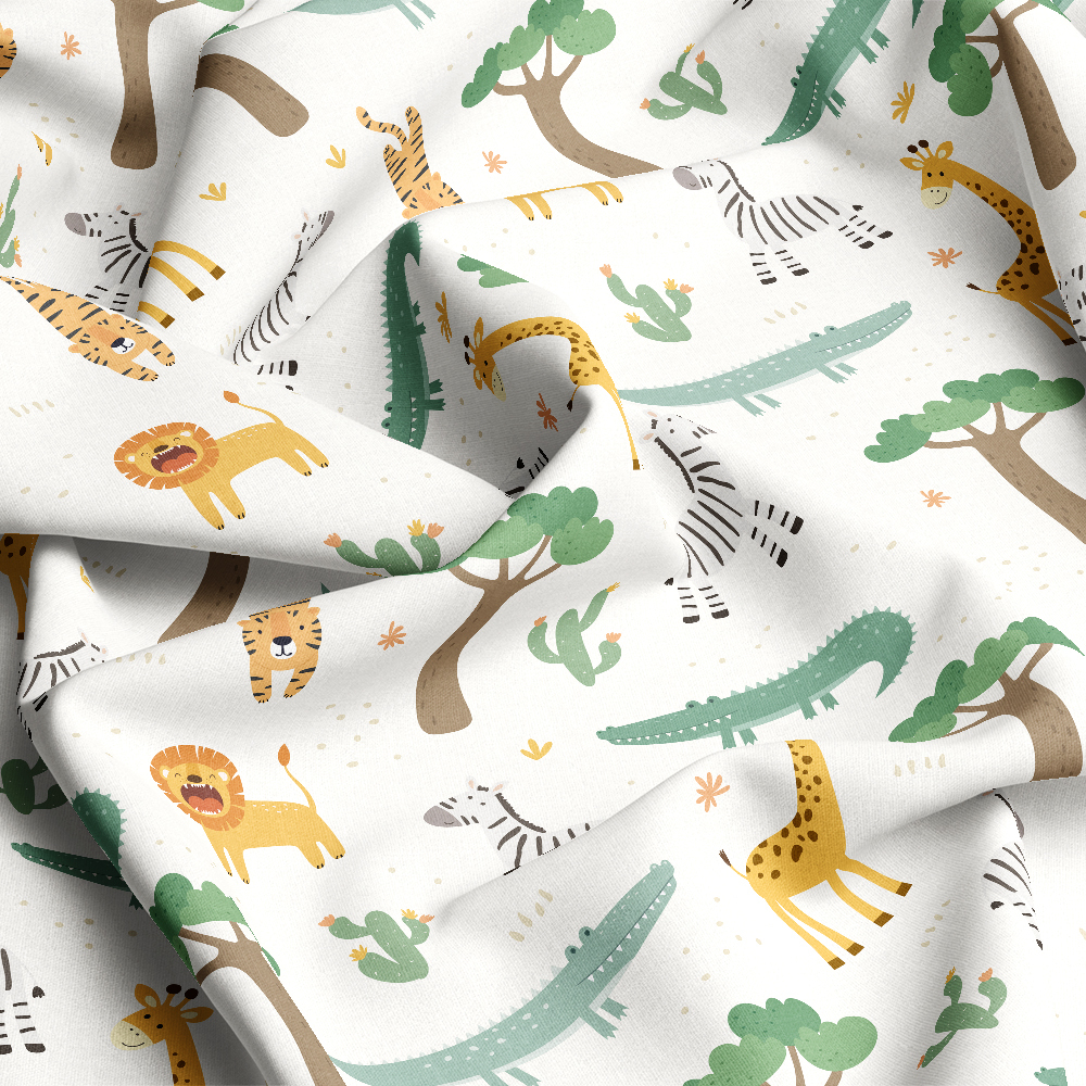 Watercolor Wildlife Lions Tigers Crocodiles Zebra Fabric - Custom Print Fabrics