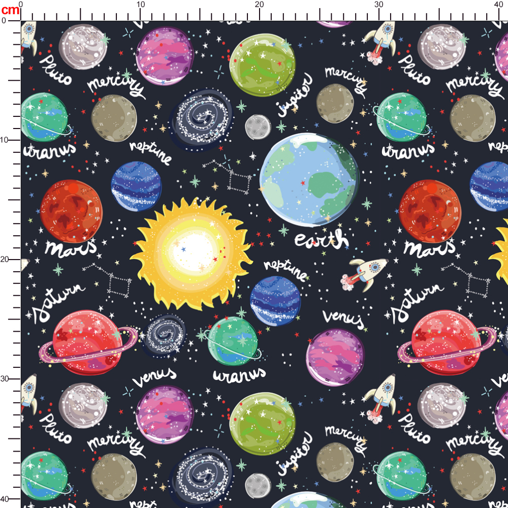 Sun Solar System Planets Spaceship Seamless Patten - Custom Print Fabrics